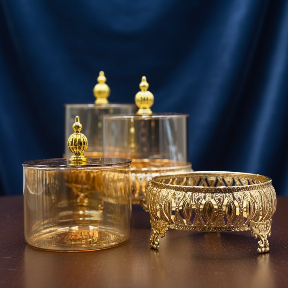 Exquisite 3-Piece Golden Base Glass Jars with Lid