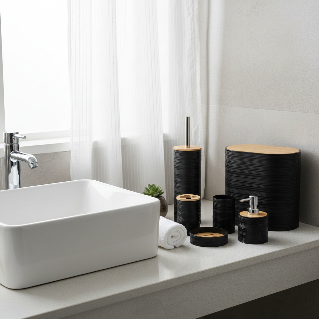6-Piece Modern Ribbed Bathroom Set with Wooden Lids