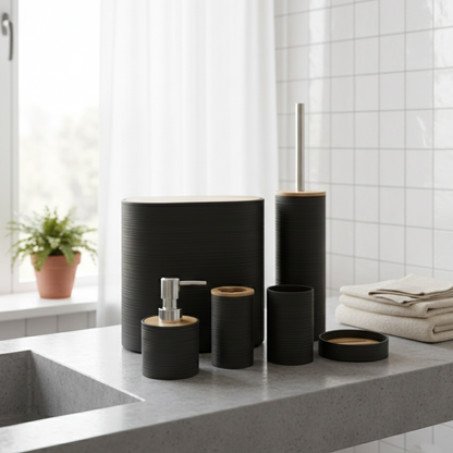6-Piece Modern Ribbed Bathroom Set with Wooden Lids