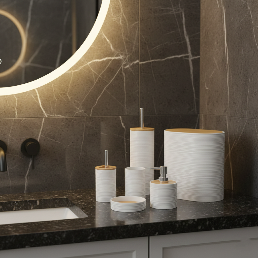 6-Piece Modern Ribbed Bathroom Set with Wooden Lids