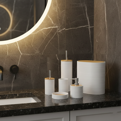 6-Piece Modern Ribbed Bathroom Set with Wooden Lids