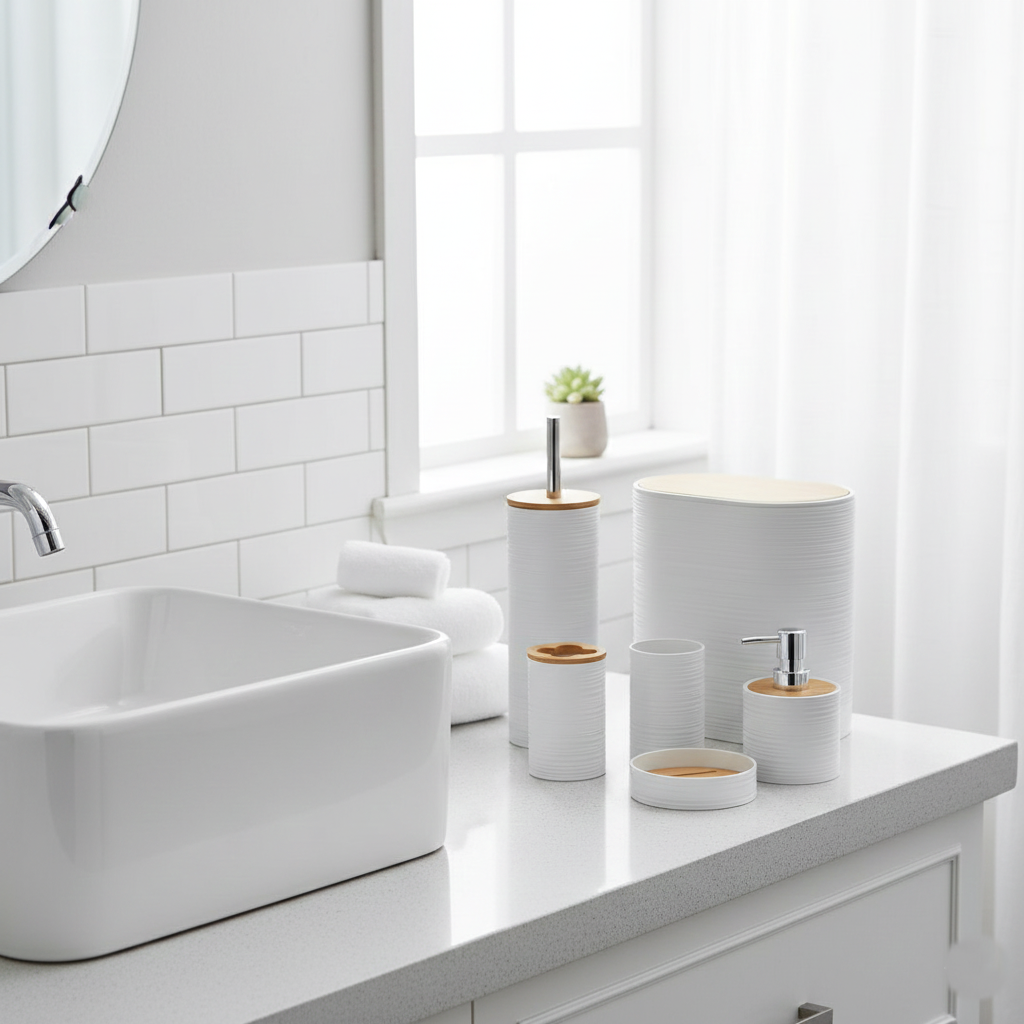 6-Piece Modern Ribbed Bathroom Set with Wooden Lids