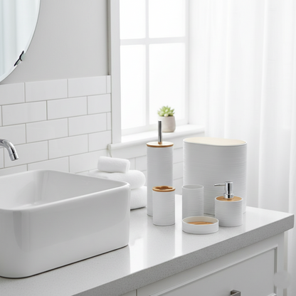 6-Piece Modern Ribbed Bathroom Set with Wooden Lids