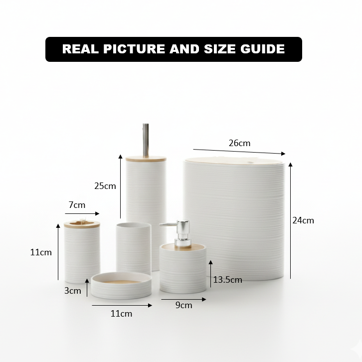 6-Piece Modern Ribbed Bathroom Set with Wooden Lids