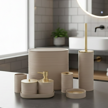 6-Piece Modern Ribbed Bathroom Set with Wooden Lids