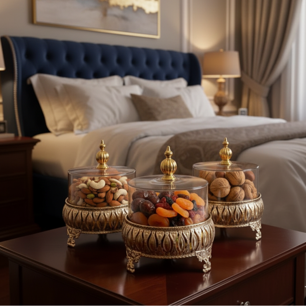 Exquisite 3-Piece Golden Base Glass Jars with Lid