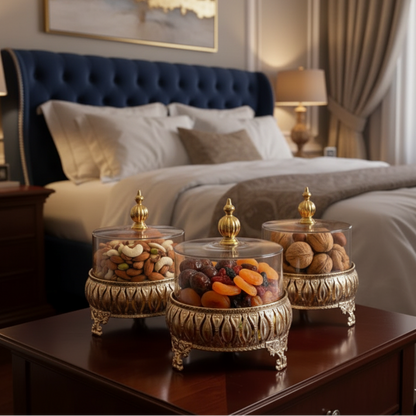 Exquisite 3-Piece Golden Base Glass Jars with Lid