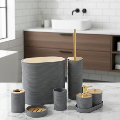 6-Piece Modern Ribbed Bathroom Set with Wooden Lids