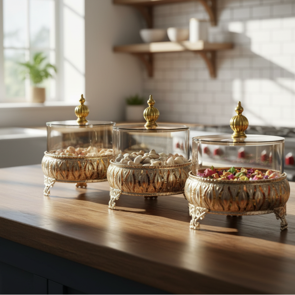 Exquisite 3-Piece Golden Base Glass Jars with Lid