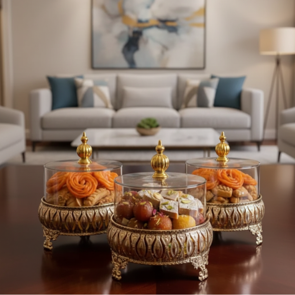 Exquisite 3-Piece Golden Base Glass Jars with Lid